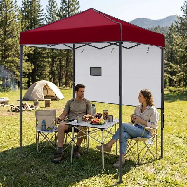 Alt view image 5 of 7 - 6x4 Instant Pop Up Canopy Tent with 1 Half Wall Panel, Straight Leg Sun Shelter, Portable Canopy with Carry Bag for Camping, Beach & Sports, Burgundy