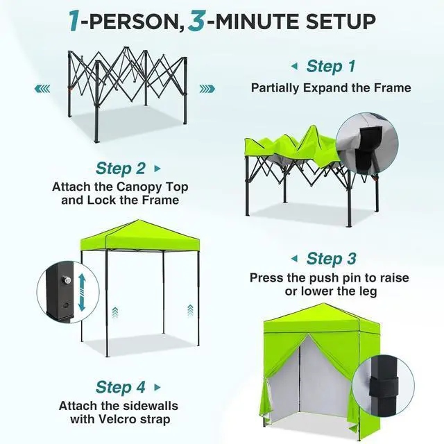 Alt view image 2 of 7 - 6x4 Instant Pop Up Canopy Tent with 4 Side Wall Panels, Straight Leg Sun Shelter, Portable Canopy with Carry Bag for Camping, Beach & Sports, Neon Green