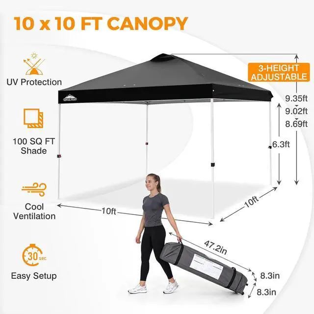 Alt view image 3 of 7 - Pop Up Canopy Tent with Wheeled Carry Bag, 8 Stakes, 4 Ropes, 4 Weight Bags, Easy Set Up Tent Canopy, 10x10 ft, 100sqft of Shade, Black