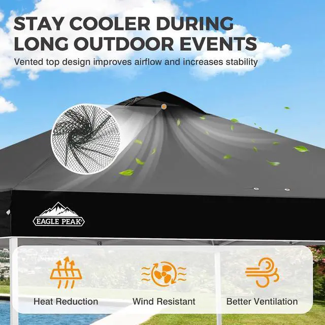 Alt view image 2 of 7 - Pop Up Canopy Tent with Wheeled Carry Bag, 8 Stakes, 4 Ropes, 4 Weight Bags, Easy Set Up Tent Canopy, 10x10 ft, 100sqft of Shade, Black
