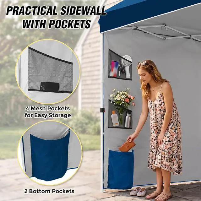 Alt view image 2 of 7 - Commercial Canopy 10x10 with Sidewall Storage, Easy OnePerson Setup Pop Up Canopy Tent with Roller Bag, Stakes, Ropes, and Weight Bags, Dark Blue