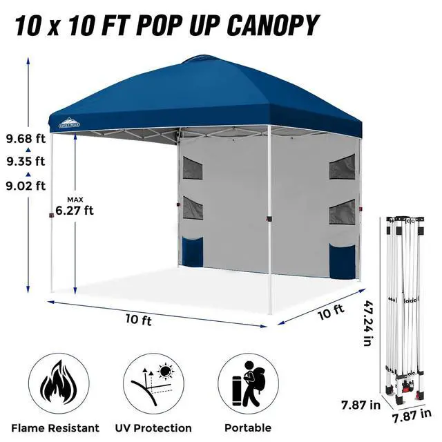 Alt view image 3 of 7 - Commercial Canopy 10x10 with Sidewall Storage, Easy OnePerson Setup Pop Up Canopy Tent with Roller Bag, Stakes, Ropes, and Weight Bags, Dark Blue