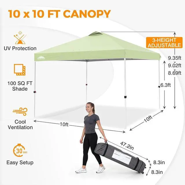 Alt view image 3 of 7 - Pop Up Canopy Tent with Wheeled Carry Bag, 8 Stakes, 4 Ropes, 4 Weight Bags, Easy Set Up Tent Canopy, 10x10 ft, 100sqft of Shade, Smoke Green