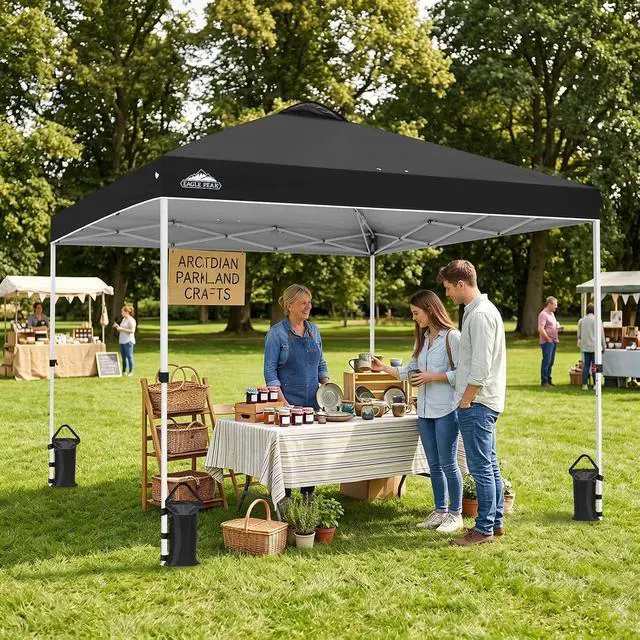 Alt view image 6 of 7 - Pop Up Canopy Tent with Wheeled Carry Bag, 8 Stakes, 4 Ropes, 4 Weight Bags, Easy Set Up Tent Canopy, 10x10 ft, 100sqft of Shade, Black