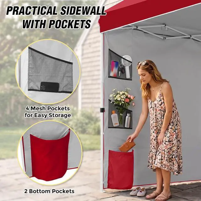 Alt view image 2 of 7 - Commercial Canopy 10x10 with Sidewall Storage, Easy OnePerson Setup Pop Up Canopy Tent with Roller Bag, Stakes, Ropes, and Weight Bags, Red