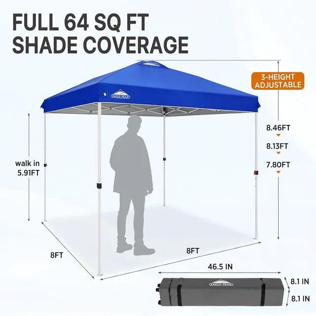 Alt view image 4 of 7 - Pop Up Canopy Tent with Wheeled Carry Bag, 8 Stakes, 4 Ropes, Easy Set Up Tent Canopy, 8x8 ft, Blue