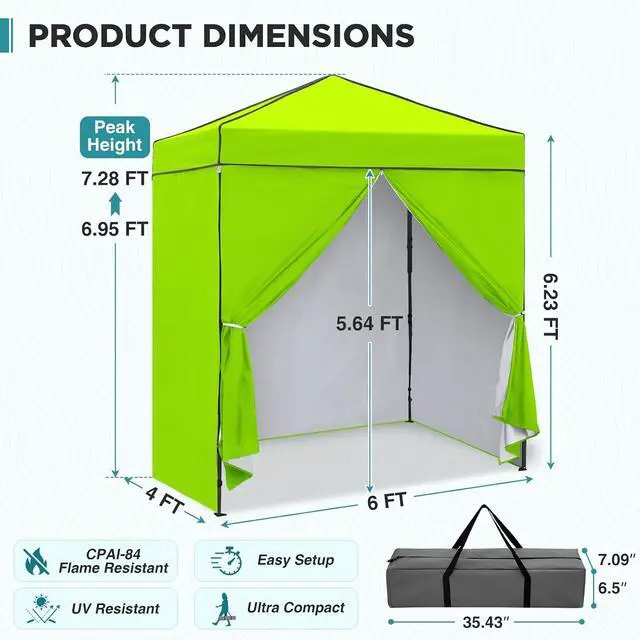 Alt view image 3 of 7 - 6x4 Instant Pop Up Canopy Tent with 4 Side Wall Panels, Straight Leg Sun Shelter, Portable Canopy with Carry Bag for Camping, Beach & Sports, Neon Green