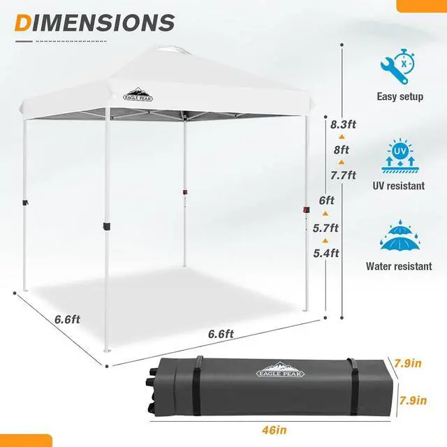 Alt view image 3 of 7 - Pop Up Canopy Tent with Wheeled Carry Bag, 8 Stakes, 4 Ropes, Easy Set Up Tent Canopy, 6.6x6.6 ft, White
