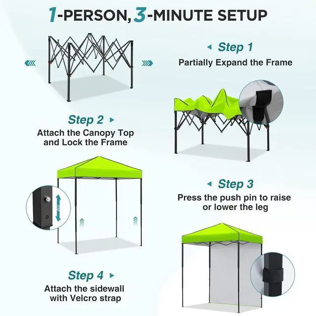 Alt view image 2 of 7 - 6x4 Instant Pop Up Canopy Tent with 1 Side Wall Panel, Straight Leg Sun Shelter, Portable Canopy with Carry Bag for Camping, Beach & Sports, Neon Green