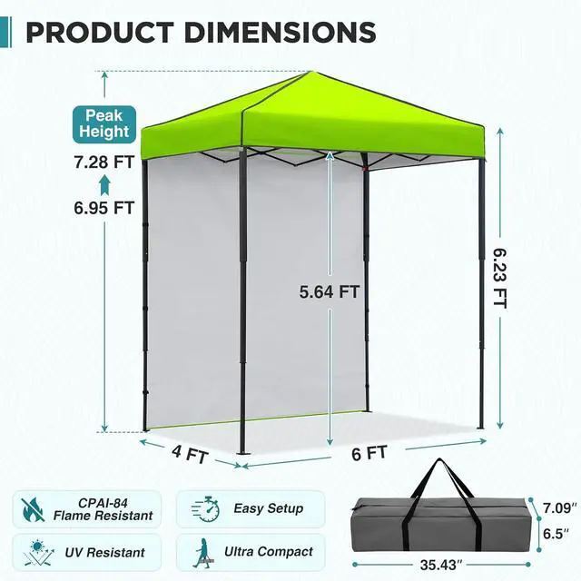 Alt view image 3 of 7 - 6x4 Instant Pop Up Canopy Tent with 1 Side Wall Panel, Straight Leg Sun Shelter, Portable Canopy with Carry Bag for Camping, Beach & Sports, Neon Green