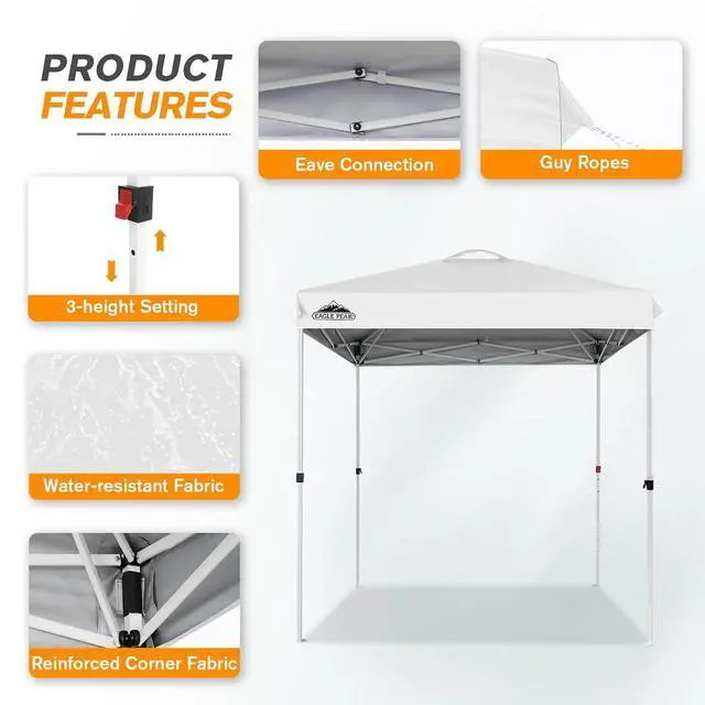 Alt view image 4 of 7 - Pop Up Canopy Tent with Wheeled Carry Bag, 8 Stakes, 4 Ropes, Easy Set Up Tent Canopy, 6.6x6.6 ft, White