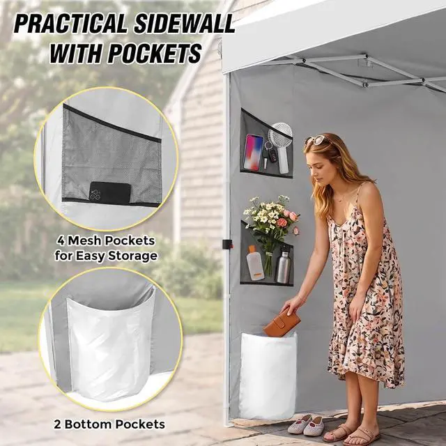 Alt view image 2 of 7 - Commercial Canopy 10x10 with Sidewall Storage, Easy OnePerson Setup Pop Up Canopy Tent with Roller Bag, Stakes, Ropes, and Weight Bags, White