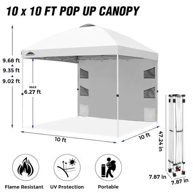 Alt view image 3 of 7 - Commercial Canopy 10x10 with Sidewall Storage, Easy OnePerson Setup Pop Up Canopy Tent with Roller Bag, Stakes, Ropes, and Weight Bags, White