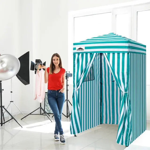 Alt view image 2 of 7 - Flex Ultra Compact 4x4 Pop-up Canopy, Sun Shelter, Changing Room, Portable Privacy Canopy Cabana for Pool, Fashion Photoshoots, or Camping, White/Light Blue