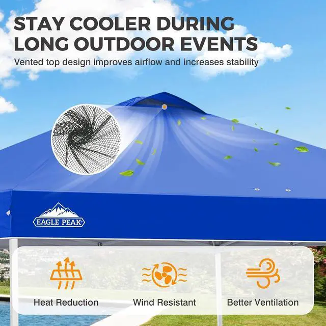 Alt view image 2 of 7 - Pop Up Canopy Tent with Wheeled Carry Bag, 8 Stakes, 4 Ropes, 4 Weight Bags, Easy Set Up Tent Canopy, 10x10 ft, 100sqft of Shade, Blue