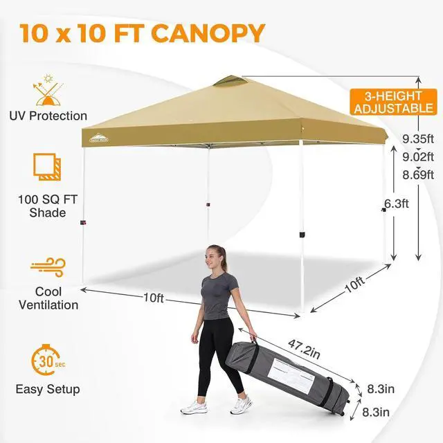 Alt view image 3 of 7 - Pop Up Canopy Tent with Wheeled Carry Bag, 8 Stakes, 4 Ropes, 4 Weight Bags, Easy Set Up Tent Canopy, 10x10 ft, 100sqft of Shade, Beige