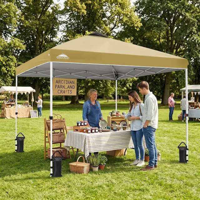 Alt view image 5 of 7 - Pop Up Canopy Tent with Wheeled Carry Bag, 8 Stakes, 4 Ropes, 4 Weight Bags, Easy Set Up Tent Canopy, 10x10 ft, 100sqft of Shade, Beige