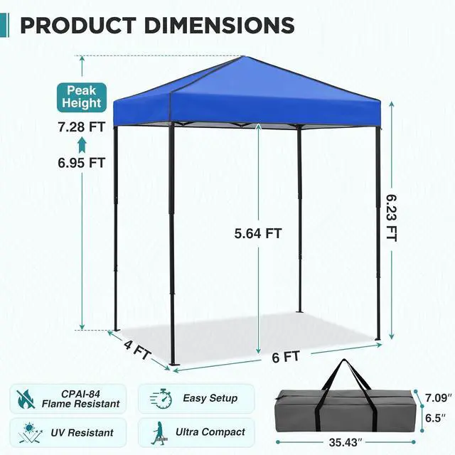 Alt view image 3 of 7 - 6x4 Instant Pop Up Canopy Tent, Straight Leg Sun Shelter, Portable Canopy with Carry Bag for Camping, Beach & Sports, Blue