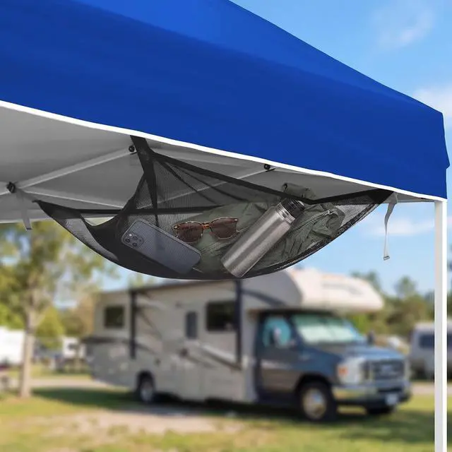 Alt view image 2 of 7 - Compact Corner Mesh Shelf for Canopy Tent, Portable Gear Hanging Shelf Camping Accessory, Carry Bag Included, Black