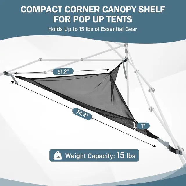 Alt view image 3 of 7 - Compact Corner Mesh Shelf for Canopy Tent, Portable Gear Hanging Shelf Camping Accessory, Carry Bag Included, Black