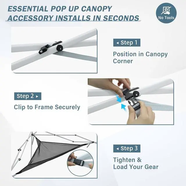 Alt view image 4 of 7 - Compact Corner Mesh Shelf for Canopy Tent, Portable Gear Hanging Shelf Camping Accessory, Carry Bag Included, Black