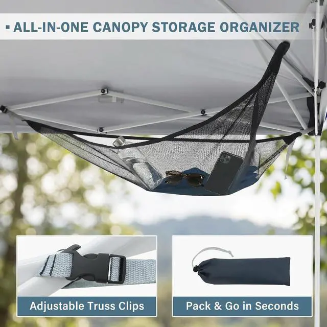 Alt view image 6 of 7 - Compact Corner Mesh Shelf for Canopy Tent, Portable Gear Hanging Shelf Camping Accessory, Carry Bag Included, Black