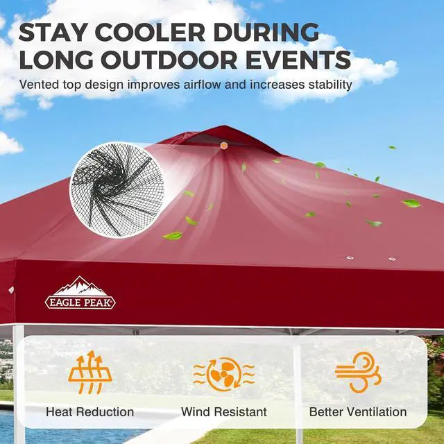 Alt view image 2 of 7 - Pop Up Canopy Tent with Wheeled Carry Bag, 8 Stakes, 4 Ropes, 4 Weight Bags, Easy Set Up Tent Canopy, 10x10 ft, 100sqft of Shade, Burgundy