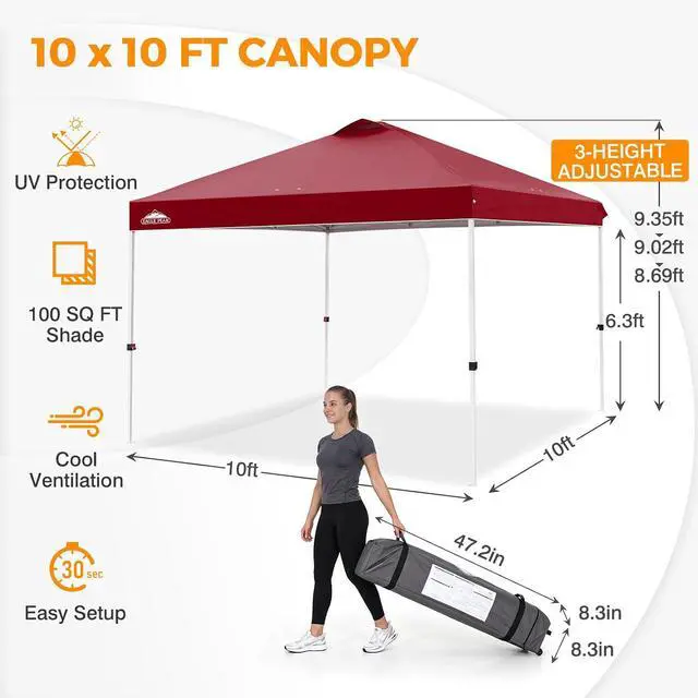 Alt view image 3 of 7 - Pop Up Canopy Tent with Wheeled Carry Bag, 8 Stakes, 4 Ropes, 4 Weight Bags, Easy Set Up Tent Canopy, 10x10 ft, 100sqft of Shade, Burgundy
