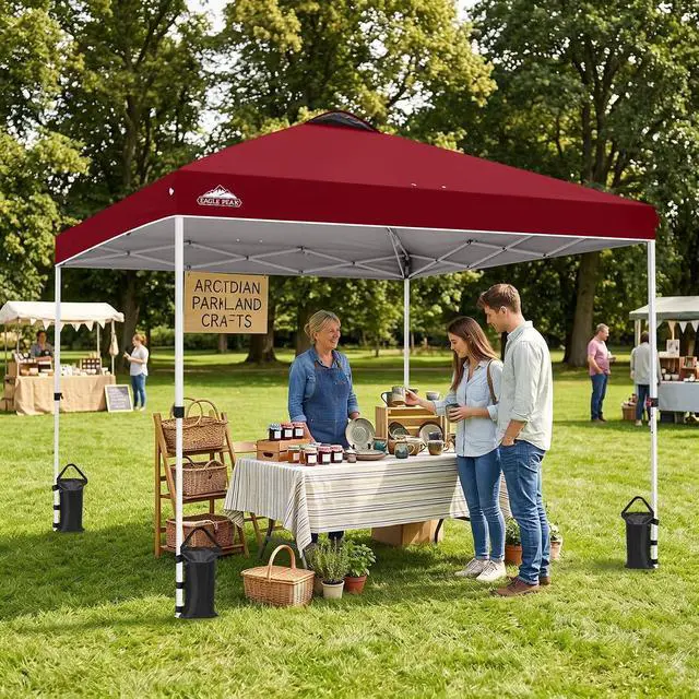 Alt view image 5 of 7 - Pop Up Canopy Tent with Wheeled Carry Bag, 8 Stakes, 4 Ropes, 4 Weight Bags, Easy Set Up Tent Canopy, 10x10 ft, 100sqft of Shade, Burgundy
