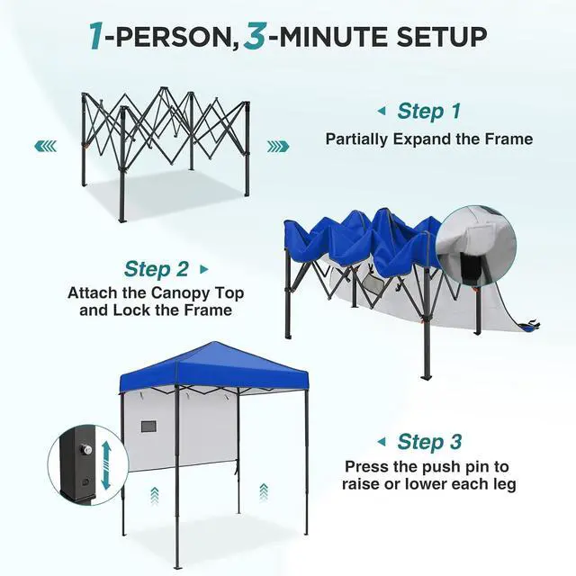 Alt view image 2 of 7 - 6x4 Instant Pop Up Canopy Tent with 1 Half Wall Panel, Straight Leg Sun Shelter, Portable Canopy with Carry Bag for Camping, Beach & Sports, Blue
