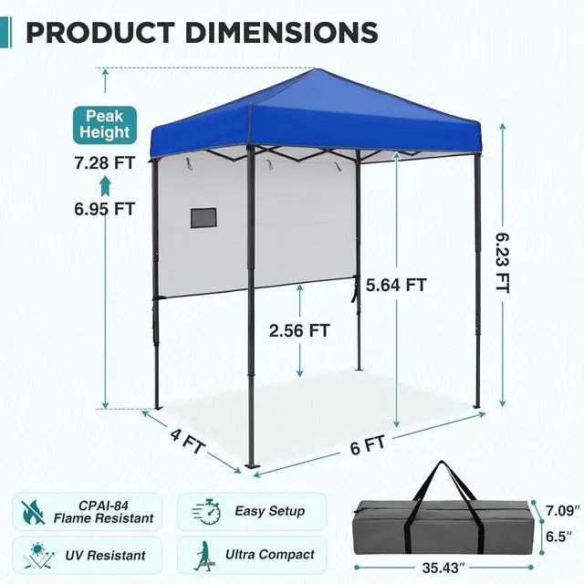 Alt view image 3 of 7 - 6x4 Instant Pop Up Canopy Tent with 1 Half Wall Panel, Straight Leg Sun Shelter, Portable Canopy with Carry Bag for Camping, Beach & Sports, Blue
