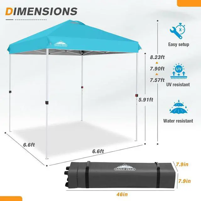 Alt view image 3 of 7 - Pop Up Canopy Tent with Wheeled Carry Bag, 8 Stakes, 4 Ropes, Easy Set Up Tent Canopy, 6.6x6.6 ft, Light Blue