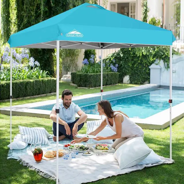 Alt view image 5 of 7 - Pop Up Canopy Tent with Wheeled Carry Bag, 8 Stakes, 4 Ropes, Easy Set Up Tent Canopy, 6.6x6.6 ft, Light Blue
