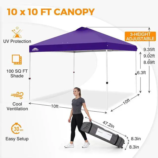 Alt view image 3 of 7 - Pop Up Canopy Tent with Wheeled Carry Bag, 8 Stakes, 4 Ropes, 4 Weight Bags, Easy Set Up Tent Canopy, 10x10 ft, 100sqft of Shade, Purple