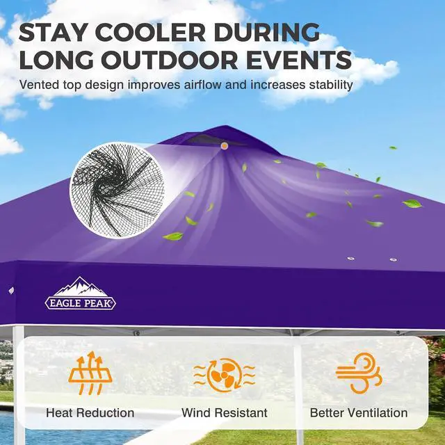 Alt view image 2 of 7 - Pop Up Canopy Tent with Wheeled Carry Bag, 8 Stakes, 4 Ropes, 4 Weight Bags, Easy Set Up Tent Canopy, 10x10 ft, 100sqft of Shade, Purple
