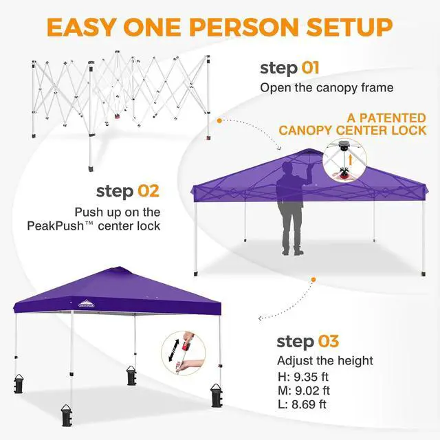 Alt view image 6 of 7 - Pop Up Canopy Tent with Wheeled Carry Bag, 8 Stakes, 4 Ropes, 4 Weight Bags, Easy Set Up Tent Canopy, 10x10 ft, 100sqft of Shade, Purple