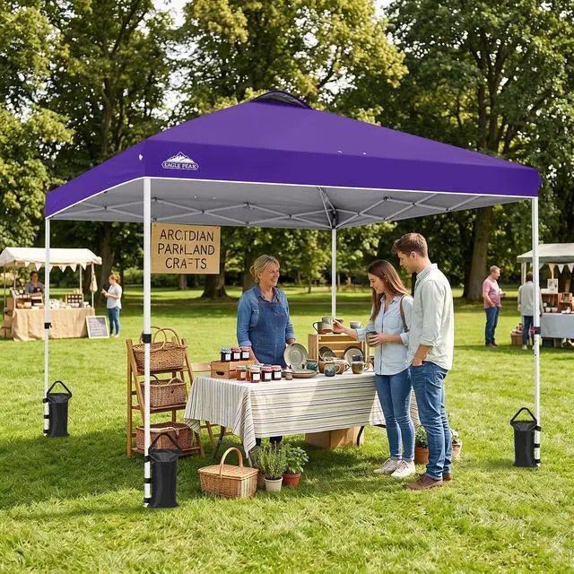 Alt view image 5 of 7 - Pop Up Canopy Tent with Wheeled Carry Bag, 8 Stakes, 4 Ropes, 4 Weight Bags, Easy Set Up Tent Canopy, 10x10 ft, 100sqft of Shade, Purple