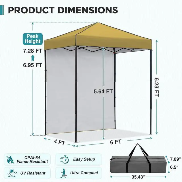 Alt view image 3 of 7 - 6x4 Instant Pop Up Canopy Tent with 1 Side Wall Panel, Straight Leg Sun Shelter, Portable Canopy with Carry Bag for Camping, Beach & Sports, Beige