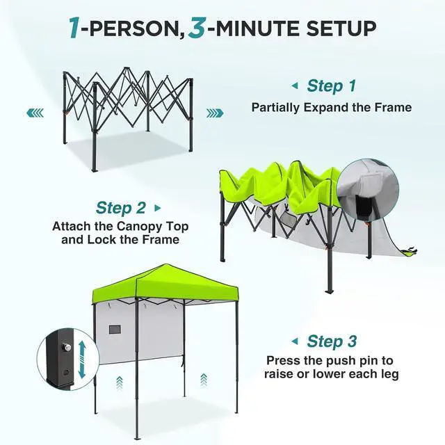 Alt view image 2 of 7 - 6x4 Instant Pop Up Canopy Tent with 1 Half Wall Panel, Straight Leg Sun Shelter, Portable Canopy with Carry Bag for Camping, Beach & Sports, Neon Green