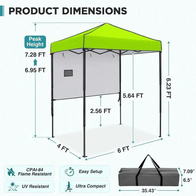 Alt view image 3 of 7 - 6x4 Instant Pop Up Canopy Tent with 1 Half Wall Panel, Straight Leg Sun Shelter, Portable Canopy with Carry Bag for Camping, Beach & Sports, Neon Green