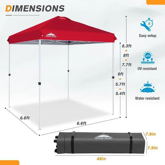 Alt view image 3 of 7 - Pop Up Canopy Tent with Wheeled Carry Bag, 8 Stakes, 4 Ropes, Easy Set Up Tent Canopy, 6.6x6.6 ft, Red