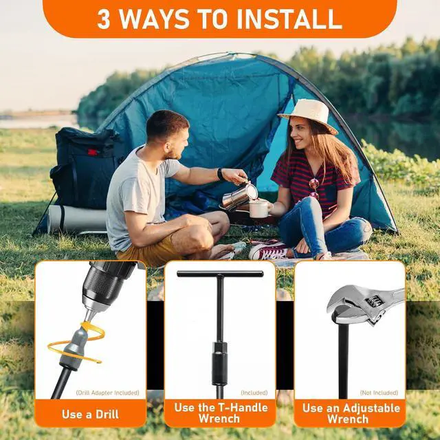 Alt view image 5 of 7 - Heavy Duty Ground Anchor Kit, 12 Spiral Screw-in Stakes with Drill Adapter & T-Handle, Secure Anchors for Trampoline, Tent, Canopy, Shed, Carport, Garden & Outdoor Use (Set of 4)
