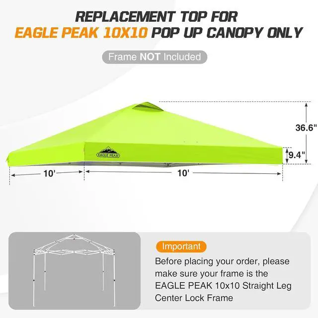 Alt view image 2 of 7 - Replacement Canopy Top for Eagle Peak 10x10 Straight Leg Pop Up Canopy Frame Only, Canopy Cover with Air Vent, UPF 50+, Frame NOT Included, Neon Green