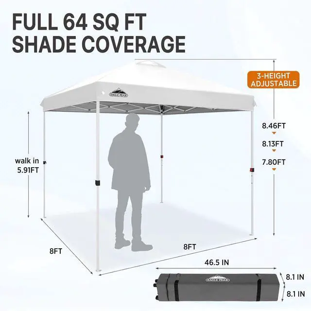 Alt view image 4 of 7 - Pop Up Canopy Tent with Wheeled Carry Bag, 8 Stakes, 4 Ropes, Easy Set Up Tent Canopy, 8x8 ft, White