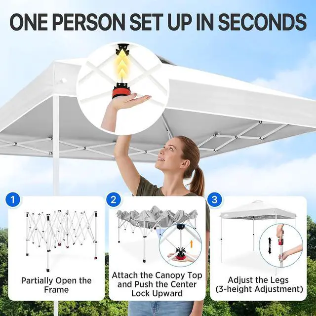 Alt view image 5 of 7 - Pop Up Canopy Tent with Wheeled Carry Bag, 8 Stakes, 4 Ropes, Easy Set Up Tent Canopy, 8x8 ft, White