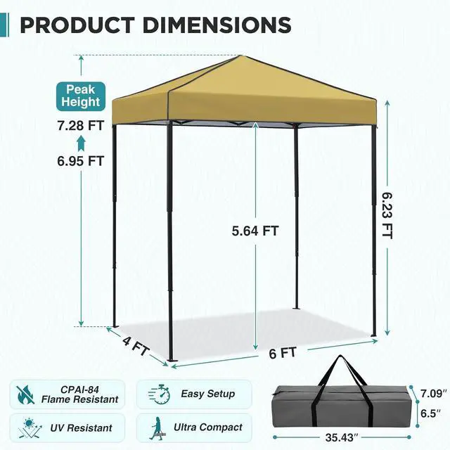 Alt view image 3 of 7 - 6x4 Instant Pop Up Canopy Tent, Straight Leg Sun Shelter, Portable Canopy with Carry Bag for Camping, Beach & Sports, Beige