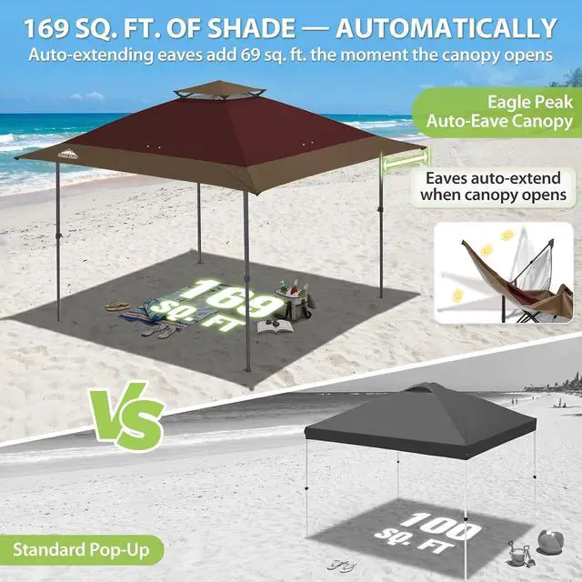 Alt view image 4 of 7 - 13x13 Straight Leg Pop Up Canopy Tent Instant Outdoor Canopy Easy Single Person Set up Folding Shelter w/Auto Extending Eaves 169 Square Feet of Shade (Burgundy/Brown)