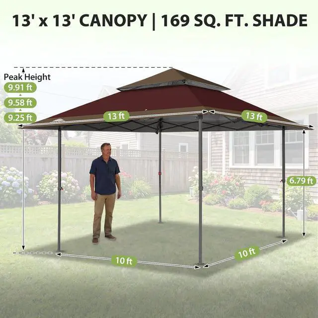 Alt view image 3 of 7 - 13x13 Straight Leg Pop Up Canopy Tent Instant Outdoor Canopy Easy Single Person Set up Folding Shelter w/Auto Extending Eaves 169 Square Feet of Shade (Burgundy/Brown)