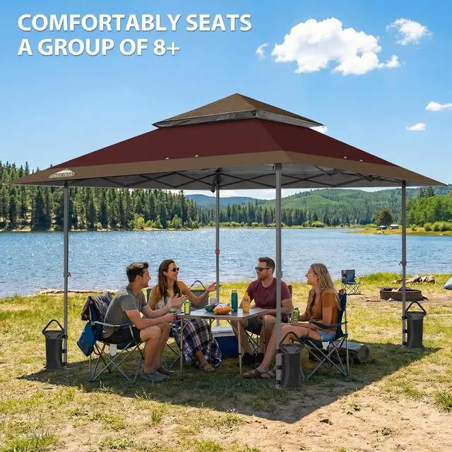Alt view image 5 of 7 - 13x13 Straight Leg Pop Up Canopy Tent Instant Outdoor Canopy Easy Single Person Set up Folding Shelter w/Auto Extending Eaves 169 Square Feet of Shade (Burgundy/Brown)