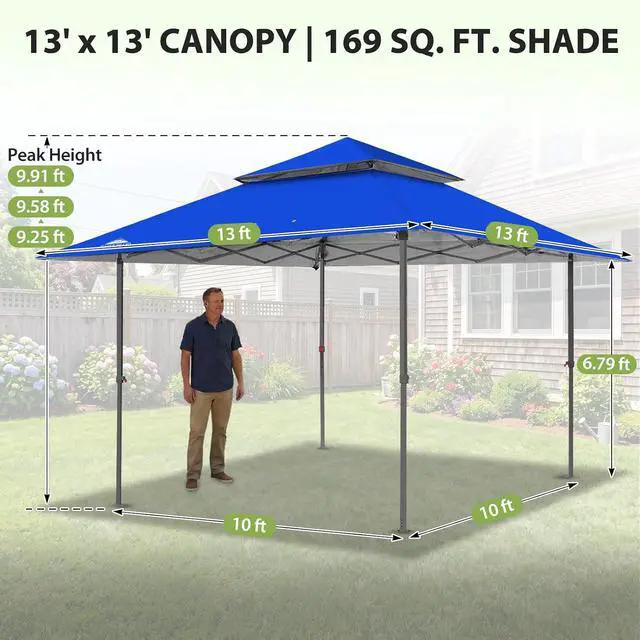Alt view image 3 of 7 - 13x13 Straight Leg Pop Up Canopy Tent Instant Outdoor Canopy Easy Single Person Set up Folding Shelter w/Auto Extending Eaves 169 Square Feet of Shade (Blue)